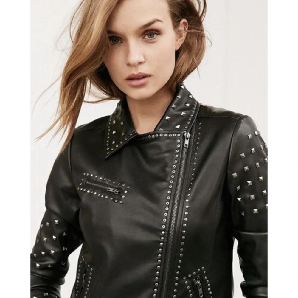 Silence + Noise Irina Studded Embroidered Faux Leather Jacket Black SZ XS - Picture 5 of 13